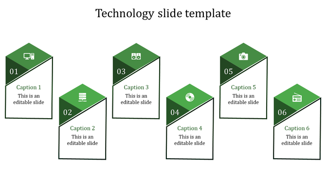 Infographic with six green tiles containing numbered labels, featuring technology related icons, and space for captions.
