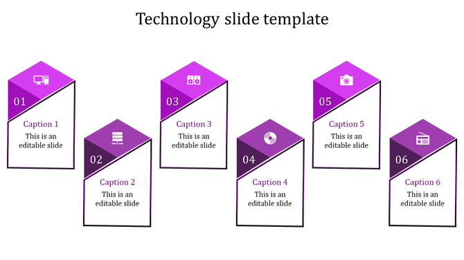 Technology slide with six purple pentagonal sections, each featuring numbered captions and icons on a white background.