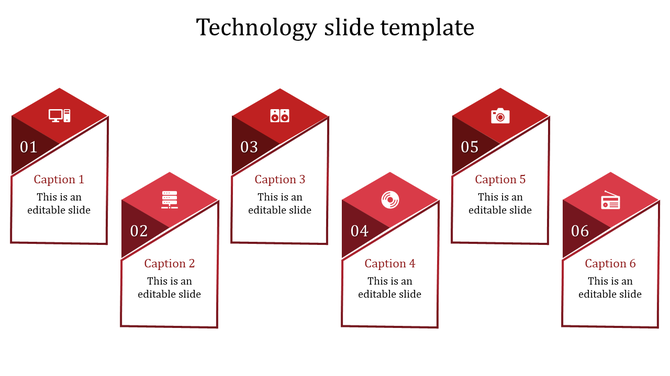 Technology slide with six blocks in red and white colors, each featuring icons with captions and placeholder text.