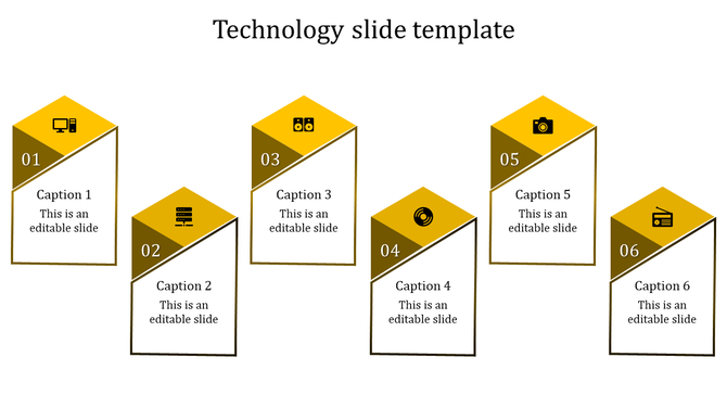 Modern tech-themed slide displaying six geometric pentagonal elements in yellow and brown, each labeled with a number.