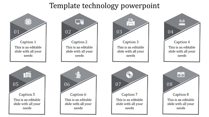 Technology PPT template featuring icons from microchips to speakers with captions in gray blocks.