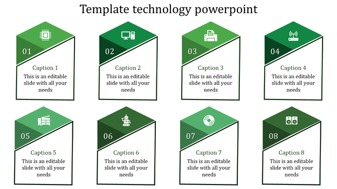 Technology  template with eight pentagonal blocks arranged in two rows, each numbered 01 to 08, featuring icons.