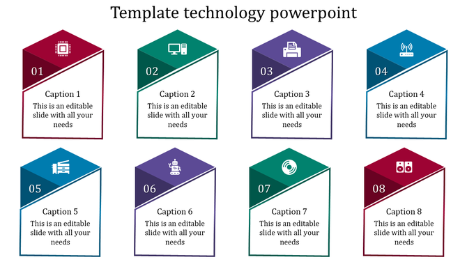 Infographic design featuring eight pentagonal shapes in various colors with technology icons and numbered captions.