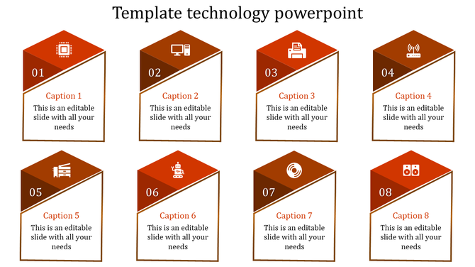 Technology slide with eight sections, each featuring icons from microchips to speakers with captions and placeholder text.