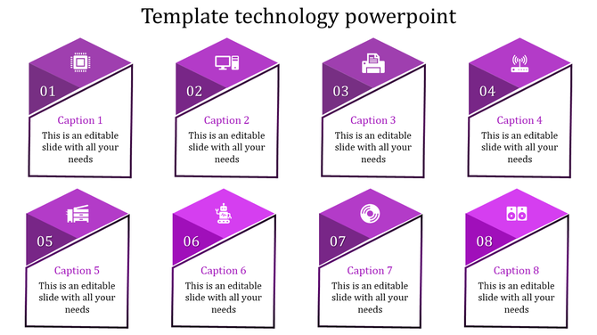 Infographic layout for technology presentations featuring eight geometric pentagon shapes with numbered labels and icons.