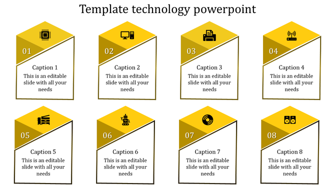 Technology template with eight yellow pentagonal sections, each featuring icons, numbers, and captions.