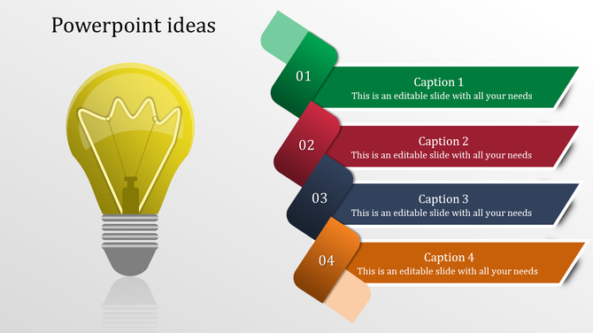 Ideas PowerPoint slide with a light bulb and four sections in green, red, navy, and orange with captions.