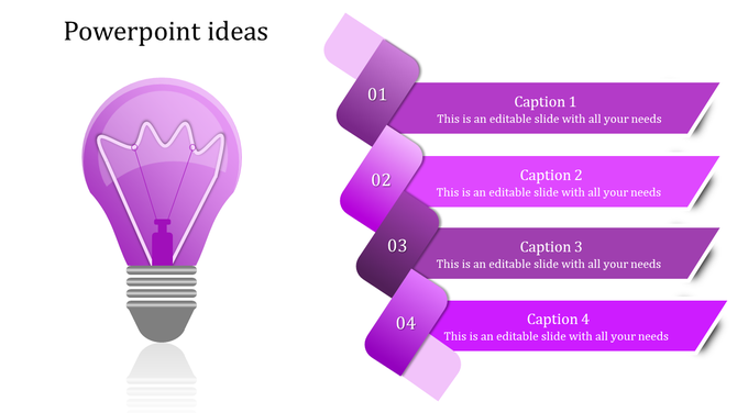 Innovative template showing a purple-themed idea concept with a stylized light bulb and a four-step horizontal process flow.