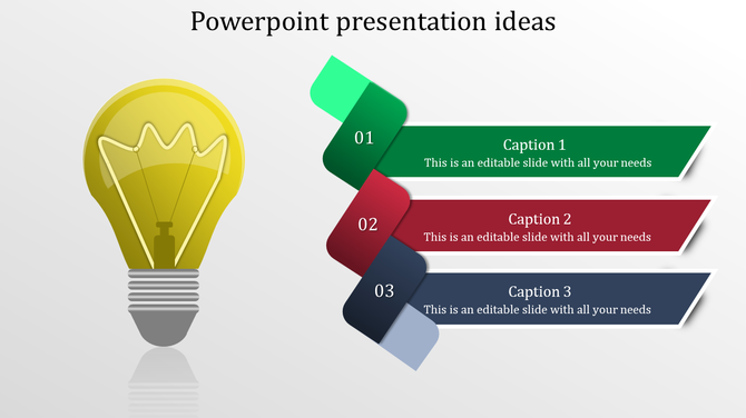 Innovative template showing a yellow-themed idea concept with a stylized light bulb and a three-step horizontal process.