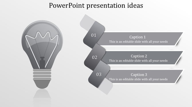 Slide featuring a reflective gray light bulb and three horizontal banners for captions arranged vertically on the right.