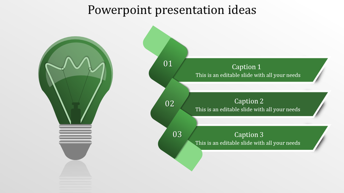 Creative ideas PowerPoint design slide featuring a green light bulb and three ribbon sections for text.