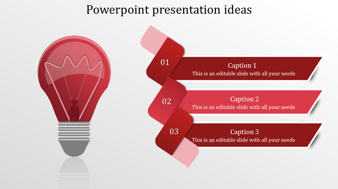 Creative PowerPoint design slide featuring a red light bulb and three ribbon sections in various shades of red for text.
