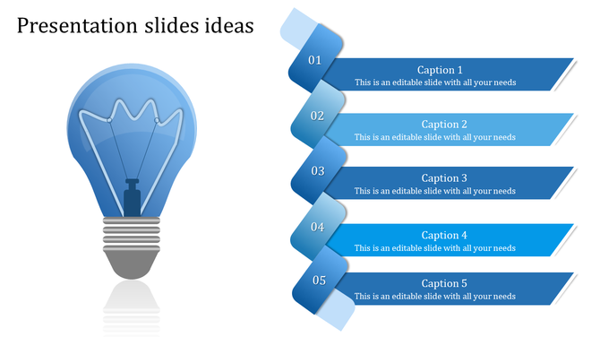 Light bulb on the left symbolizes an idea, while five blue gradient banners outline steps in a structured process.