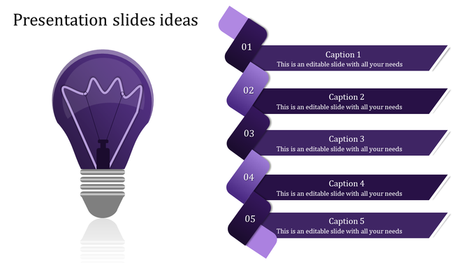 Creative PowerPoint slide featuring a purple light bulb and five ribbon sections for text.