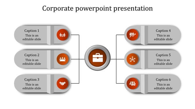 Corporate themed infographic with a central hub, six rounded text boxes with orange business icons, and connecting lines.
