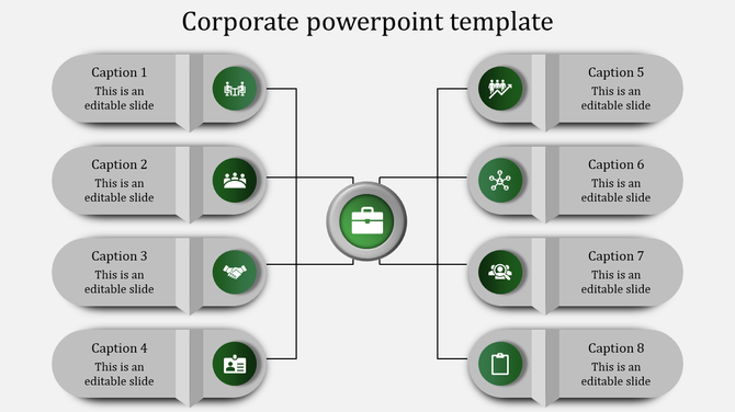 Corporate infographic with a central green briefcase icon linking to eight gray oval-shaped elements.