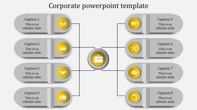 Corporate PowerPoint template with a central icon representing a briefcase and eight surrounding sections with yellow icons.