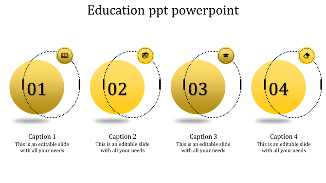 Education themed layout with four yellow circular elements, numbered 01 to 04, connected by dotted lines with icons.