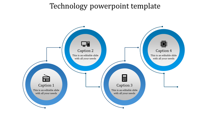 Technology themed PowerPoint slide featuring four interconnected blue circular elements with icons and captions.