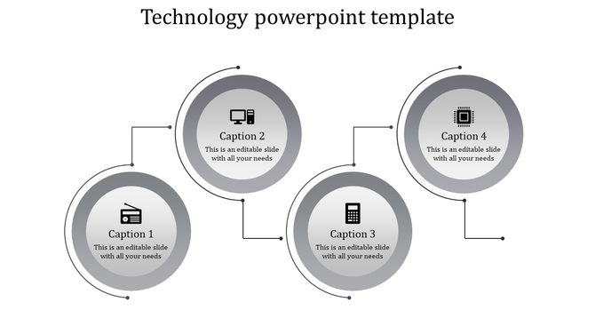 Monochrome technology slide diagram with circular nodes for radio, computer, calculator, and chip.