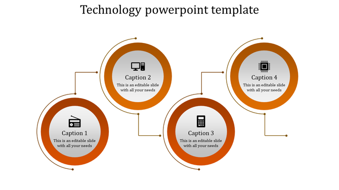Technology themed PowerPoint slide featuring four interconnected orange circular elements with icons and captions.