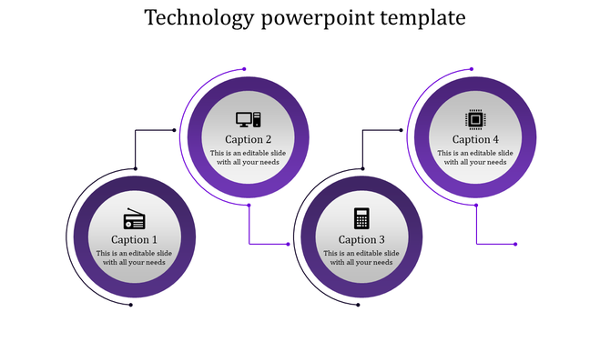 Violet themed tech diagram showing interconnected nodes for radio, computer, calculator, and chip.