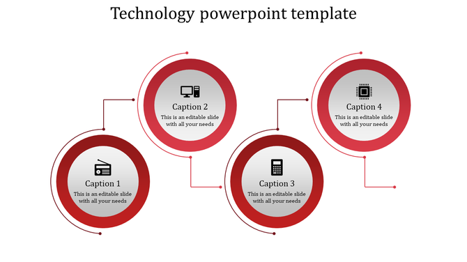 Technology themed red diagram with four circular nodes connected by lines, each containing an icon.