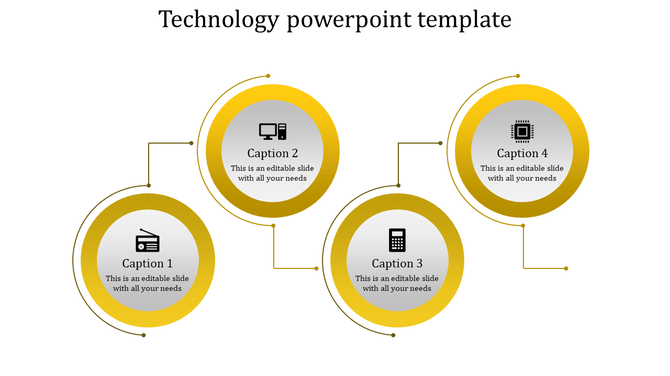 Technology themed PowerPoint slide featuring four interconnected yellow circular elements with icons and captions.