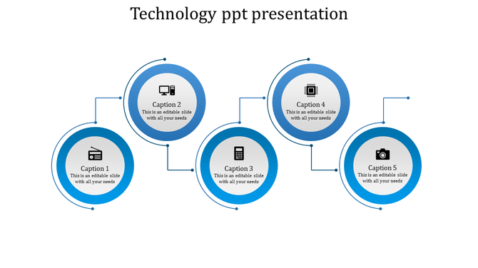 Five circular nodes with technology symbols connected in a flowchart-style design placed in a white backdrop.