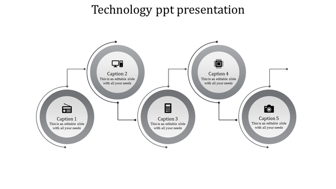 Gray circular layout with five connected icons and captions in a flowchart style for a technology presentation.