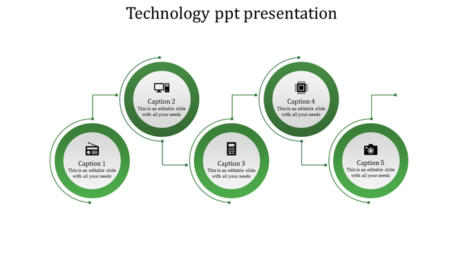 Technology themed slide with five green interconnected circles, icons, and captions representing key concepts.