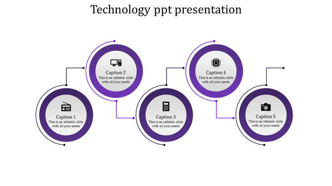 Technology themed slide with five purple interconnected circles, icons, and captions representing key concepts.