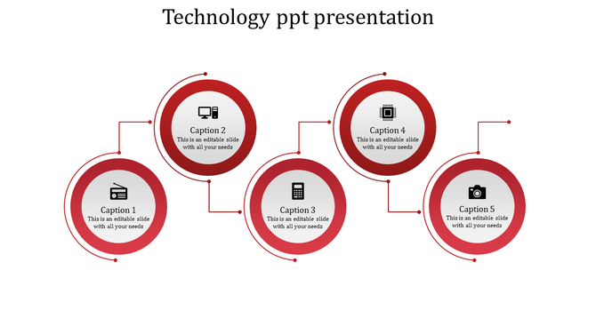 Circular infographic in shades of red with tech symbols linked by curved connectors placed in a white backdrop.