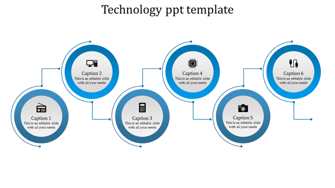Blue circular infographic template showing six interconnected technology concepts with icons and captions.