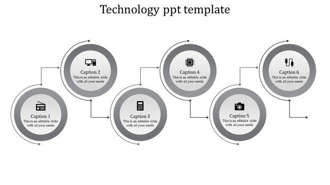Technology flowchart with gray nodes for radio, computer, calculator, chip, camera, and headphones.