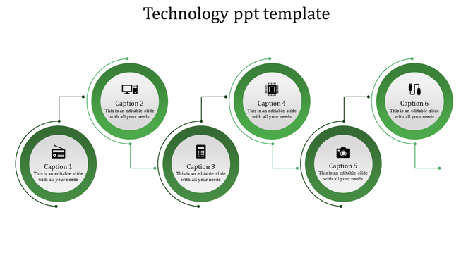 Technology slide with six green circles featuring icons and captions connected by lines, on a white background.