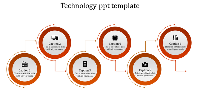 Orange circular infographic template showing six interconnected technology concepts with icons and captions.