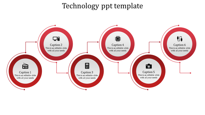 Technology flowchart with red nodes for radio, computer, calculator, chip, camera, and headphones.