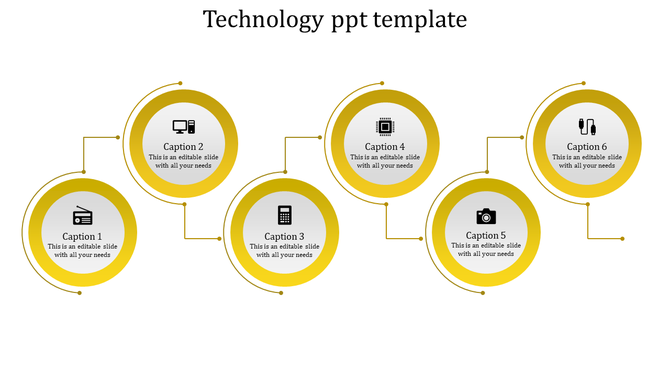 Technology slide with six circular yellow icons connected by lines, each containing captions and device symbols.