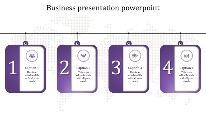 Purple themed business PPT slide with four numbered cards, icons, and captions, set against a dotted world map background.