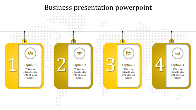 Business slide featuring four hanging yellow rectangles with icons, numbers, and captions on a world map background.