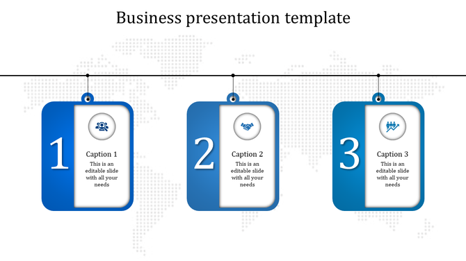 Business template with three blue hanging cards showing icons for networking, partnership, and growth.