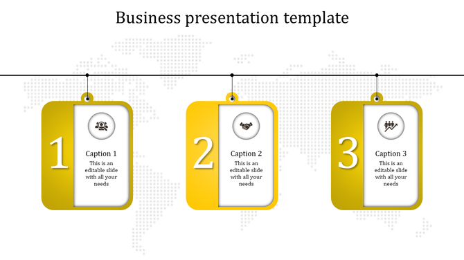 Yellow business timeline with three hanging numbered cards and icons for people, handshake, and team.