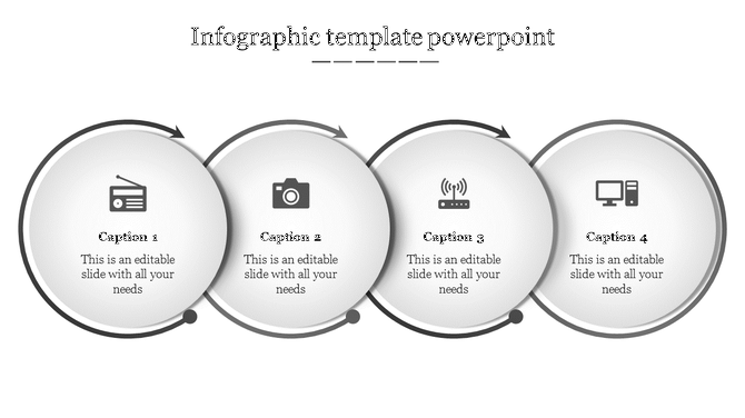 An infographic template displaying four distinct steps in circular format, each labeled with an icon and caption areas.
