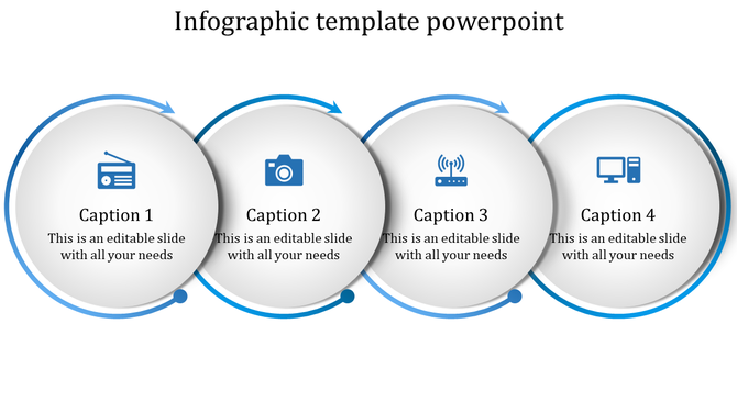 Horizontal infographic with blue arrows linking four white circles with icons for radio, camera, router, and computer.