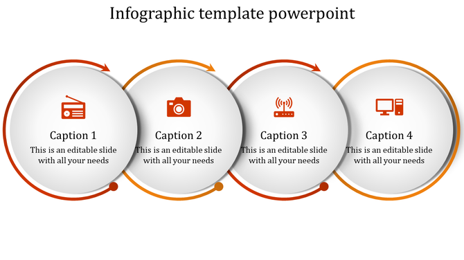 Horizontal infographic PPT slide featuring four circular elements with orange accents, icons, and captions.