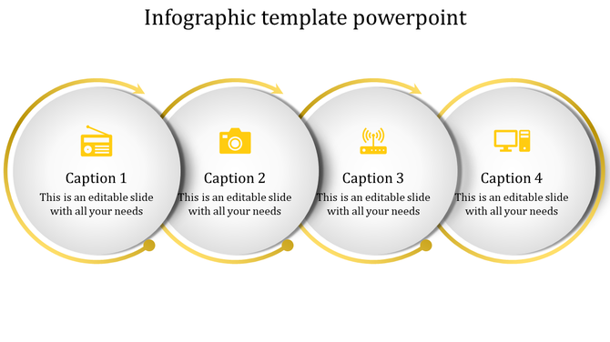 Infographic PPT slide with four circular elements, yellow icons from radio to computer, linked by arrows and captions.