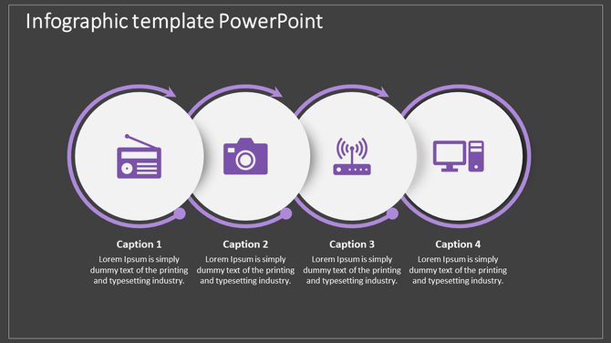 Circular flow infographic in purple, featuring four technology icons connected by directional arrows on a dark background.