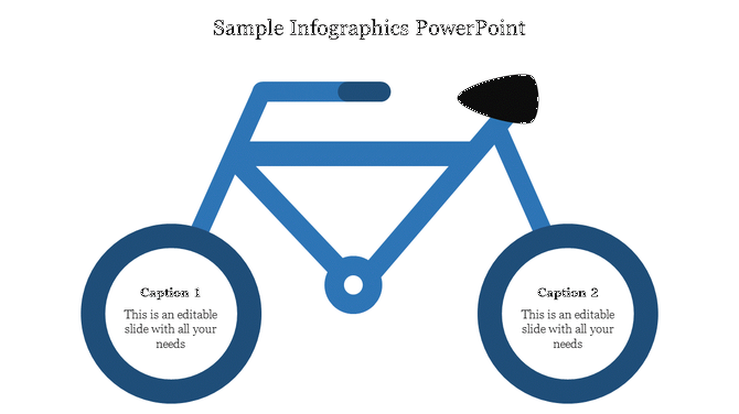 Minimalist bicycle illustration with blue frame and dark blue wheels containing placeholders text areas.
