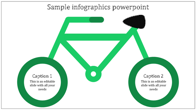 Sample PowerPoint infographic showcasing a green bicycle graphic with text in the circular wheels with captions.